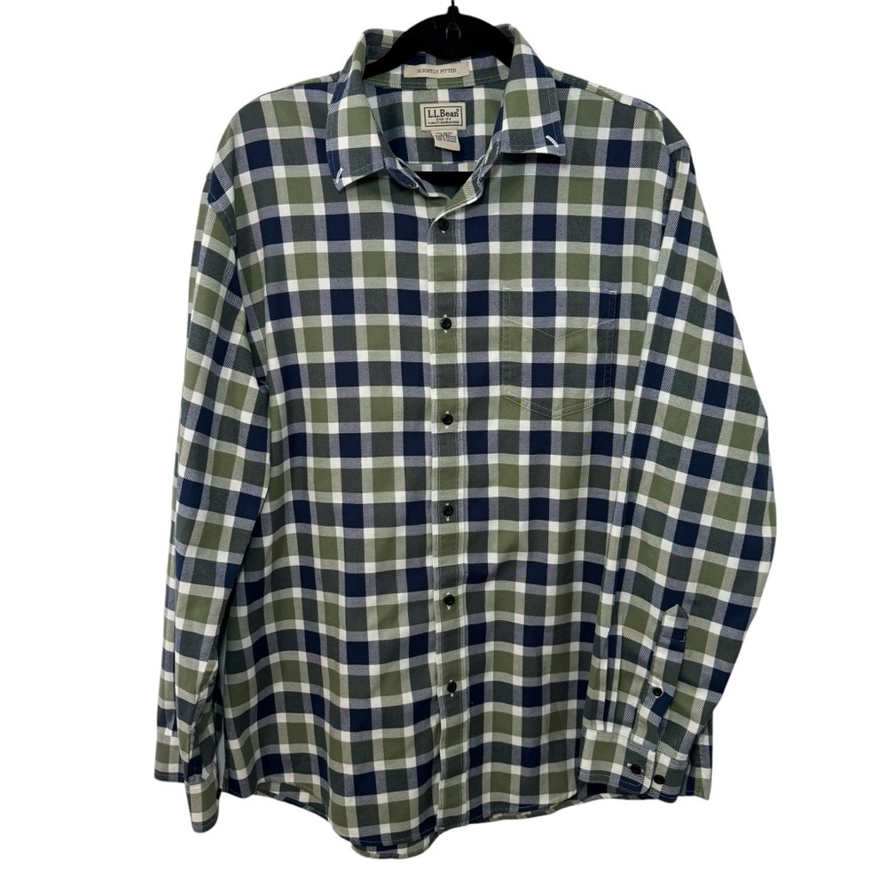 LL Bean Shirt Mens L Slightly Fitted Blue Green Plaid Button Down L/S 300331